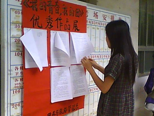 青年学生在认真看“我的青春，我的团”征文比赛作品展